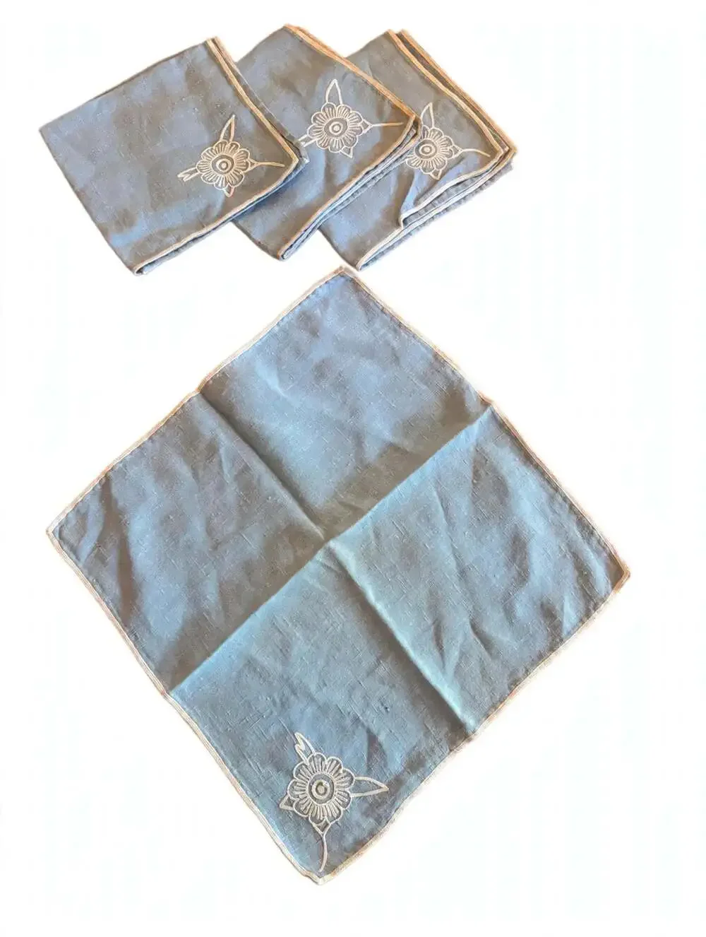 Vtg 50s Blue Linen Napkins Set 4 - 15.5